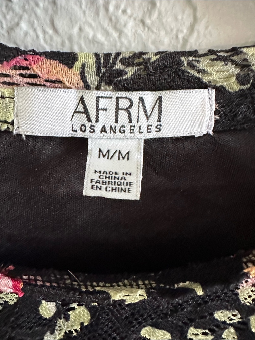 AFRM Los Angeles Floral Lace Mesh Ruched Top Medium Black Sheer Short Sleeve - Picture 2 of 10